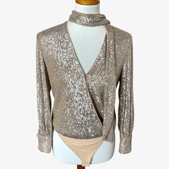 Jonathan Simkhai Sequin Metallic Long Sleeve Tie Neck Champagne Glam Bodysuit XS - Picture 3 of 9